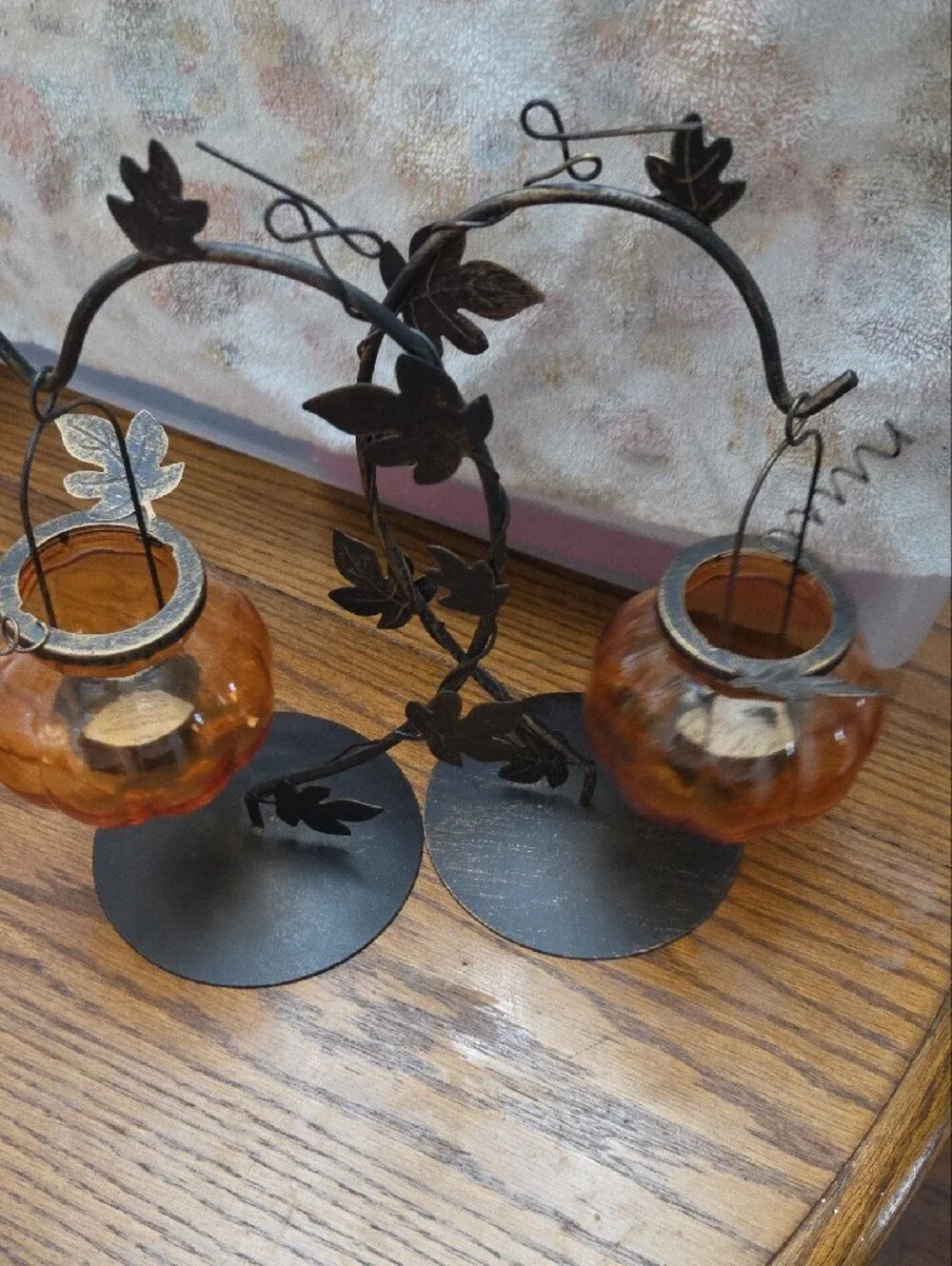 Pier 1 Amber Glass Pumpkin Tea Light Holders with Black Leaf Stands, Pair